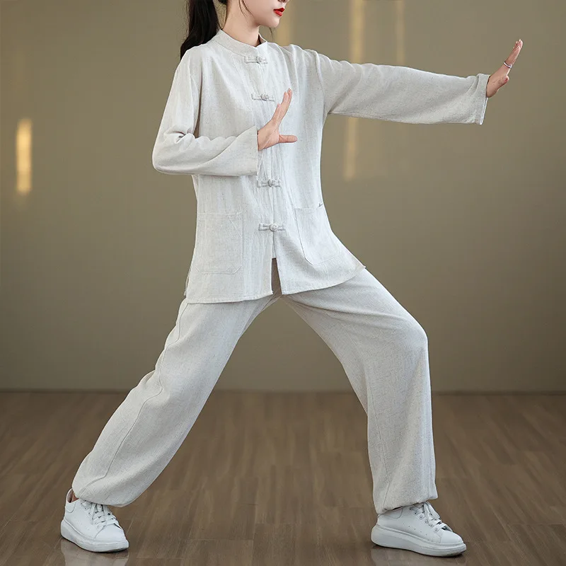 Tai Chi Suit Two-piece Set New Chinese Morning Exercise Cotton and Linen Tang Suit Practice Clothes Long Sleeve Autumn