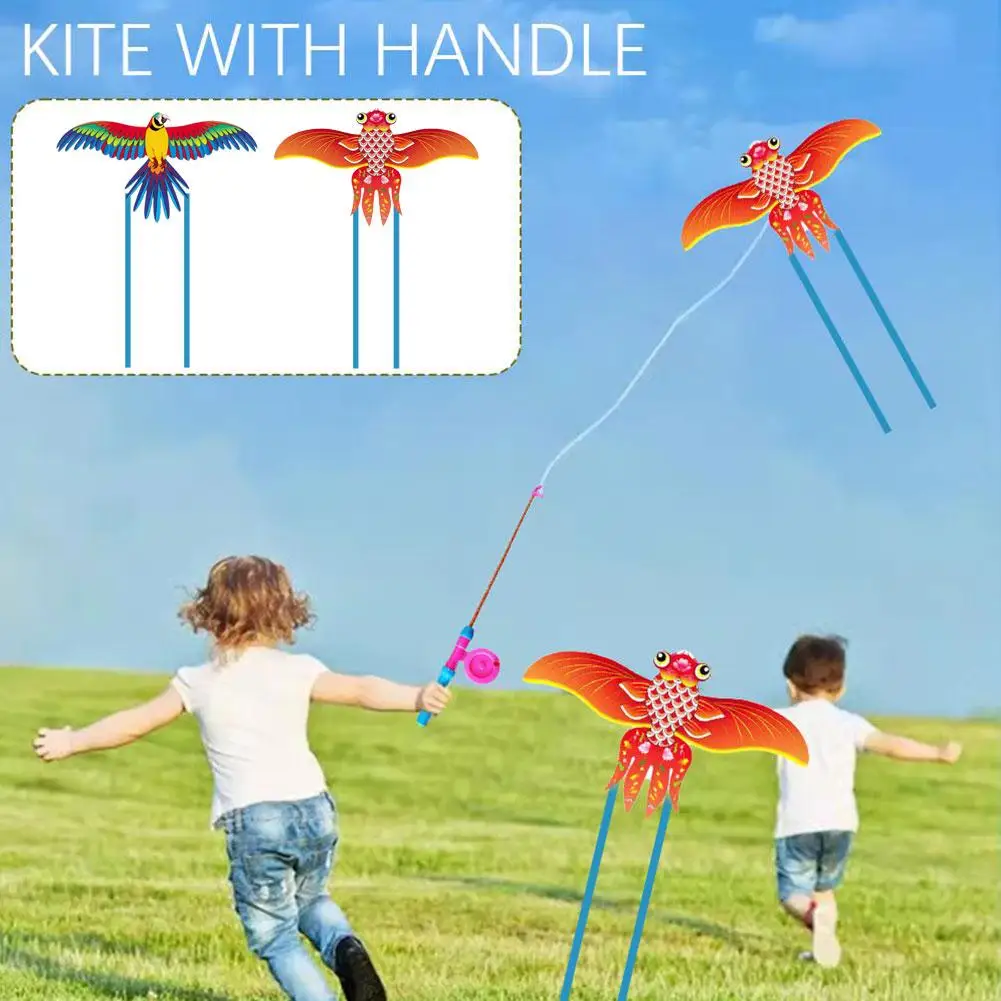 Cartoon Children Kite Flying Toys + 50cm Hand Brake Fishing Rod Line Large Parrot Eagle Butterfly Swallow Goldfish Kite For C6Q9