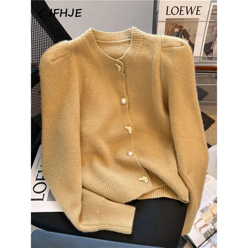 WinterSolid Colors Metal Button Fragrant Style Women Long Sleeve Sweater Korean Round Neck Bubble Sleeve Cardigan Sweater Coat