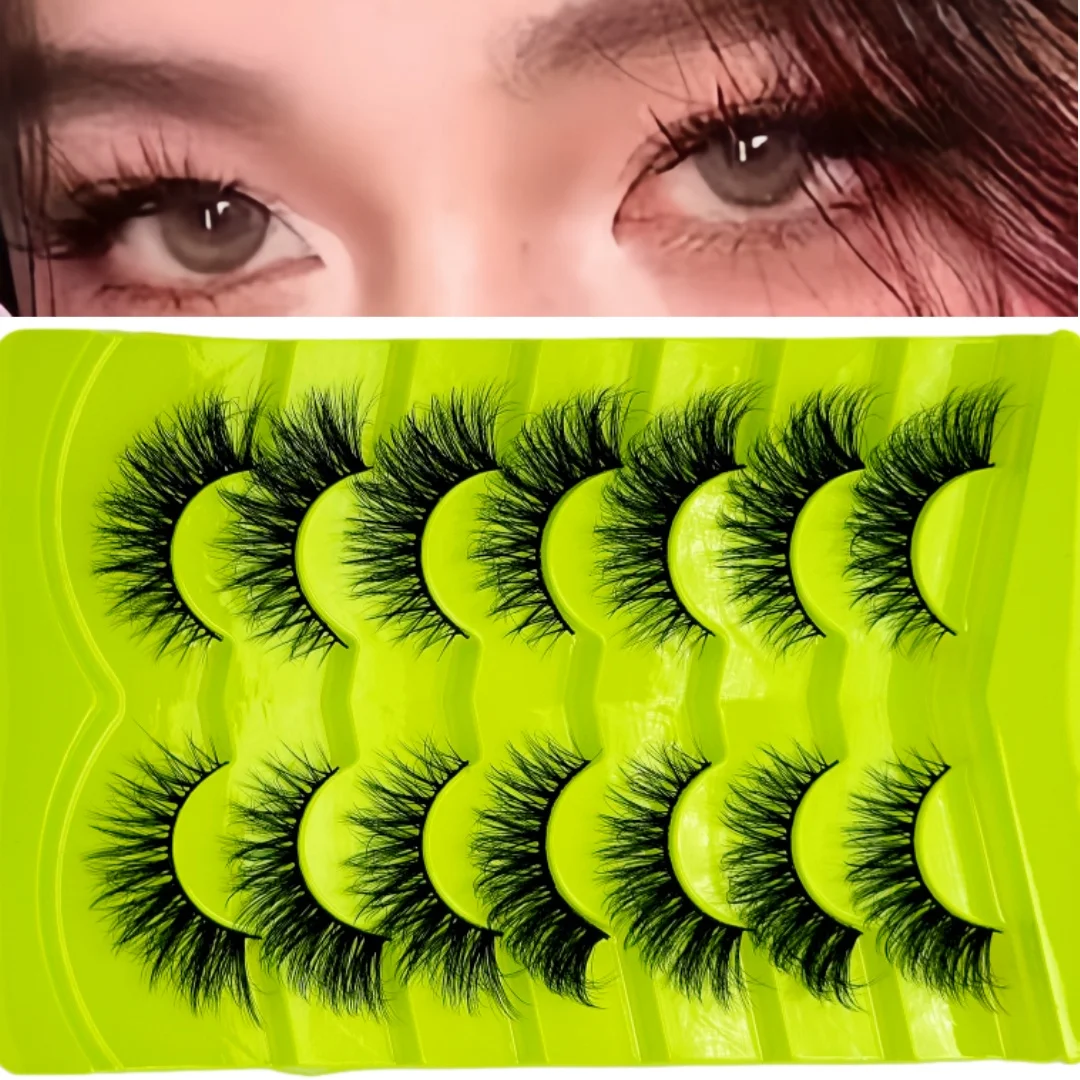 Cílios postiços olho de gato, 7 pares, cílios encaracolados dramáticos, comprimento moderado, estilo vegano natural, perfeito para uso diário