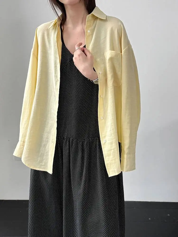 Pocket Women Yellow Linen Big Size Casual Blouse New Lapel Long Sleeve Shirt Fashion Spring Autumn 2026 T2X1