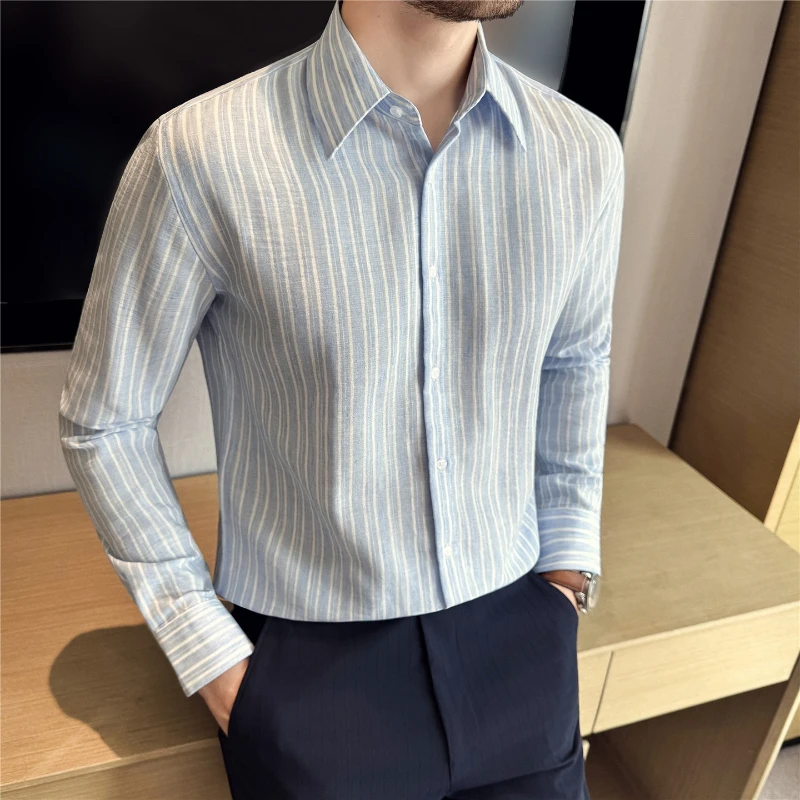

Мужские полосатые рубашки с длинными рукавами, однобортные деловые деловые мужские классические рубашки высокого качества, мягкая облегающая социальная блузка для мужчин