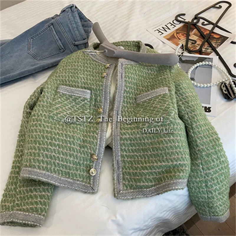 Woollen Short Coat For Women Spring and Autumn 2022 New Commuting Versatile Korean Version Short,Round Neck Top in Solid Color X