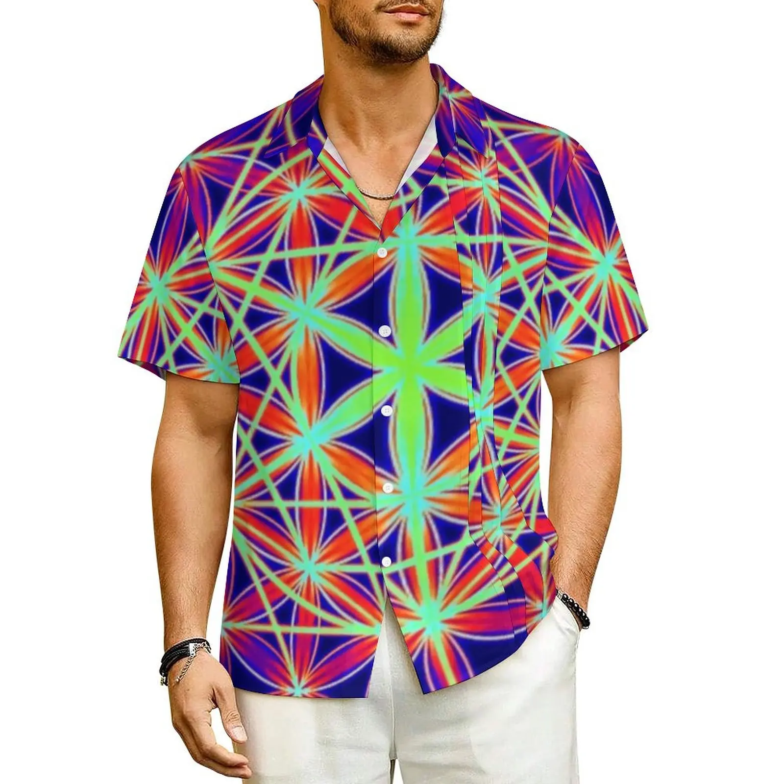 Sacred Geo Vacation Shirt Psychedelic Flower of Life Hawaii Casual Shirts Men Loose Blouses Short Sleeve Streetwear Design Tops