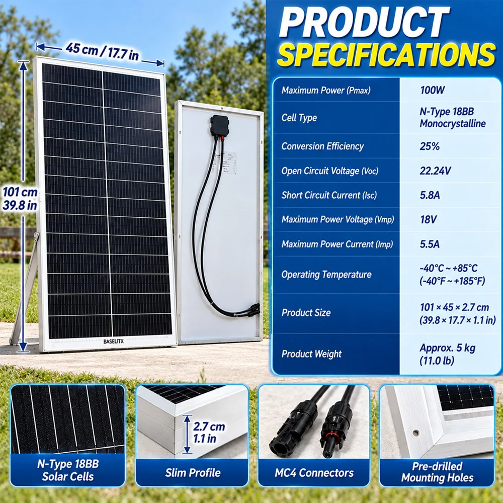 BASELTIX 100W N-Type Solar Panel 18BB 25% High Efficiency Monocrystalline Solar Module for Outdoor RV Roof Boat Cabin Home Off-Grid