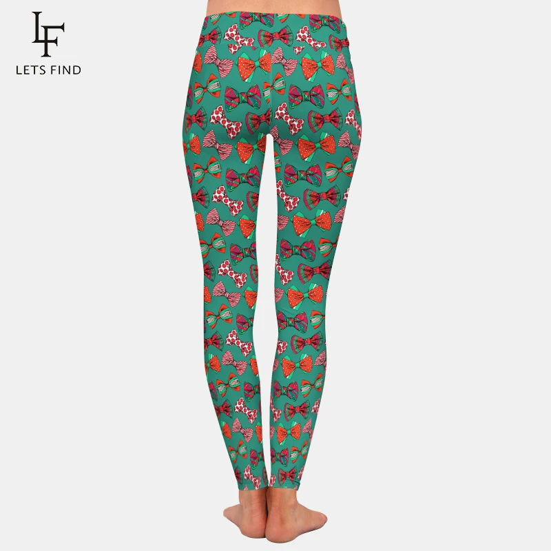 LETSFIND Winter New Women Pants 3D Red and Green Christmas Bow Tie Pattern Print High Waist Fitness Sexy Slim Stretch Leggings