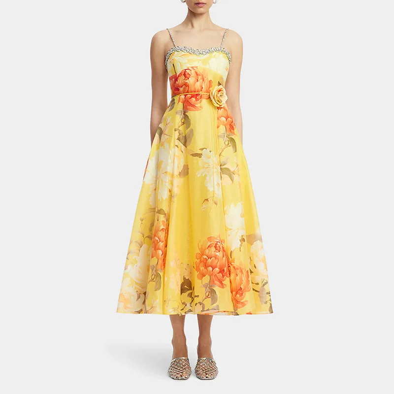 

Elegant Floral Print Slim Maxi Dress Strapless Casual Vacation Style Suspender Waist Cinching Large Swing Dress Female Clothing