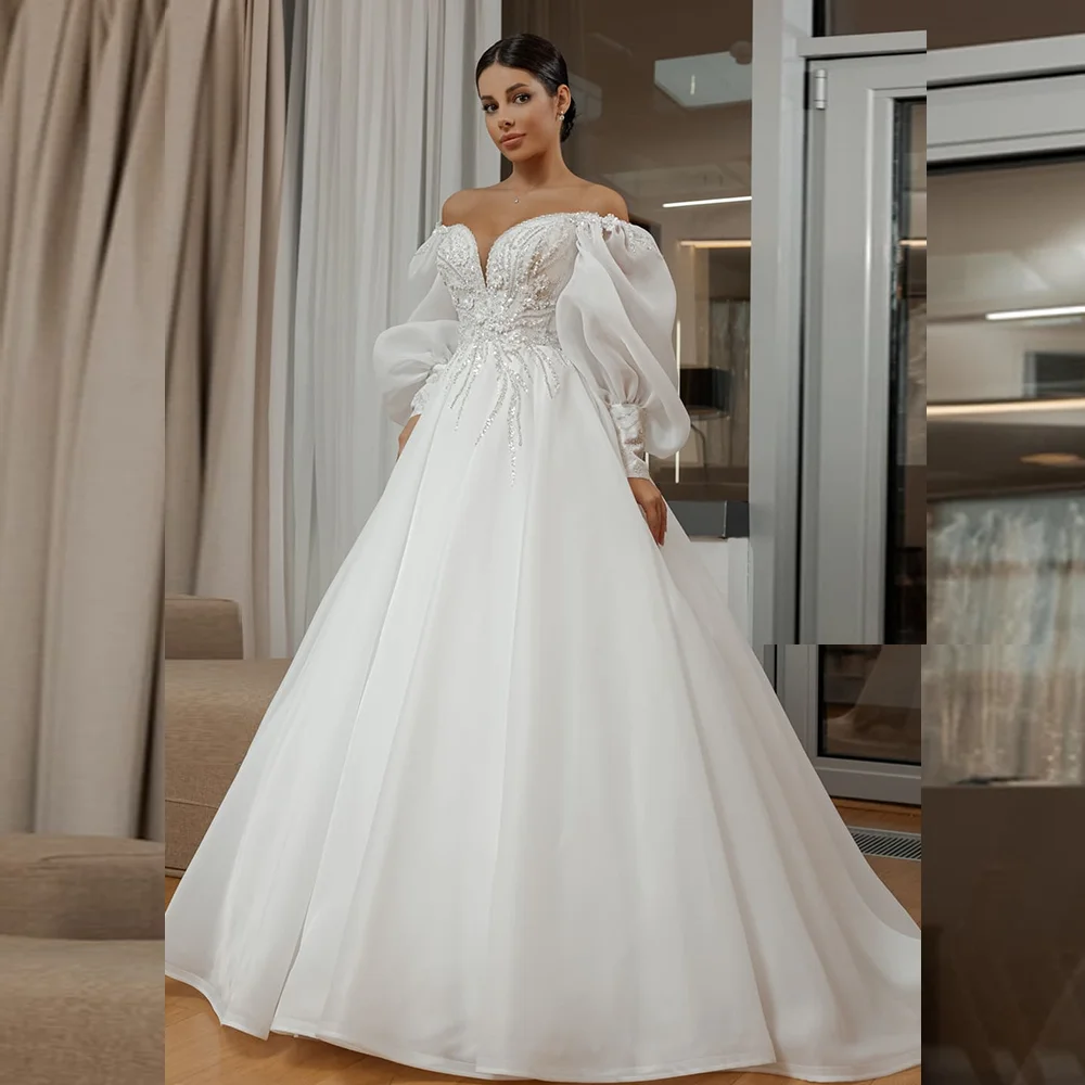 

Boho V-neck Organza Ball Gown Shiny Wedding Party Dress with Sequins Lace Backless Court Wedding Gown Long Sleeve Customized