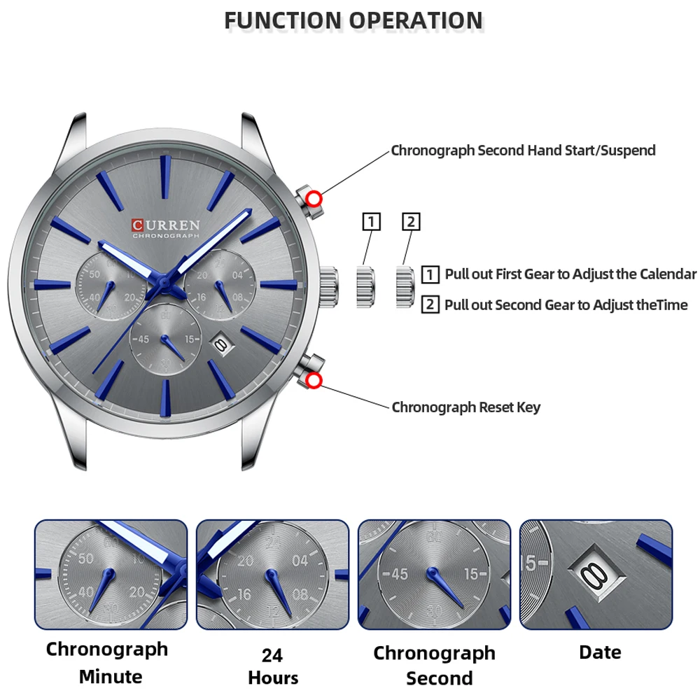 CURREN Quartz Watches for Men New Fashion Stainless Steel Strap Male Wristwatches with Luminous Hands Chronograph Sports Clock