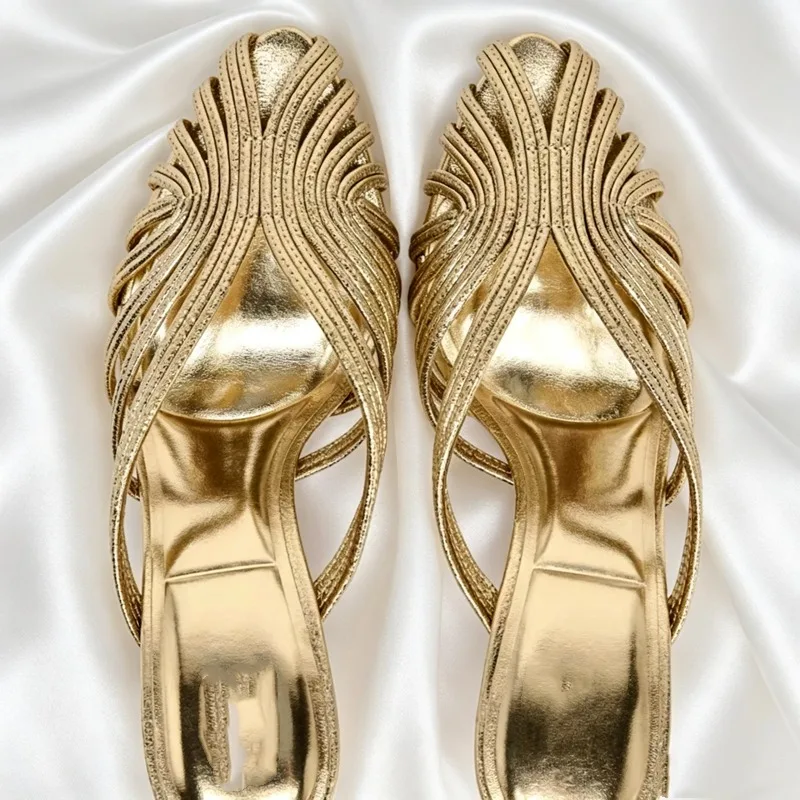 Gold Luxury Thin Heel Slippers Women Dress Shoes Summer New 2025 Hollow Beach Shoes Slides Designer Brand Sandals Ladies Pumps image 2