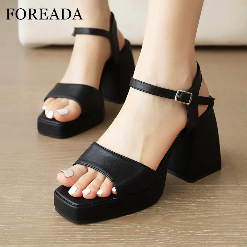 

FOREADA Women Sandals Square Toe Platform Chunky High Heels Buckle Concise Design Ladies Fashion Casual Shoes Summer Black White