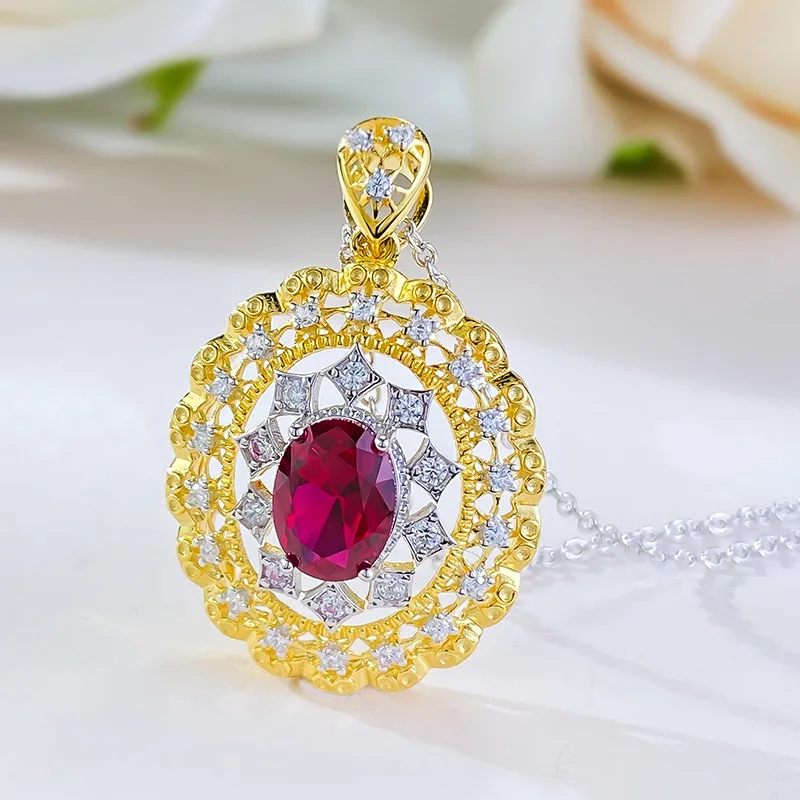 

Apaison 100% 925 Sterling Silver 6*8mm Ruby Necklaces Pendants For Women Fine Jewelry Bridal High Carbon Diamond Clavicle Chain