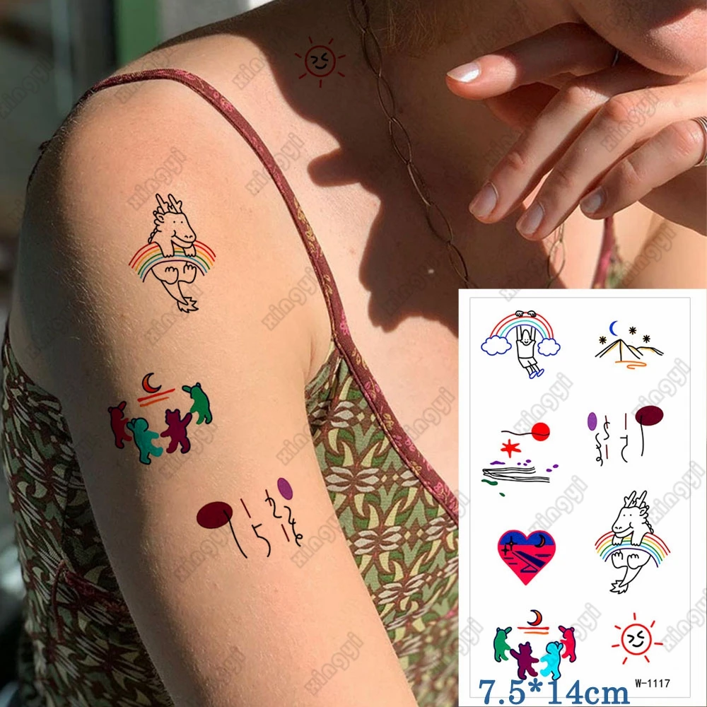 Waterproof Temporary Tattoo Sticker Cartoon Bear Mr. Crocodile Cute Ins Rainbow Flash Tatoo Fake Tatto for Child Kids Women Men