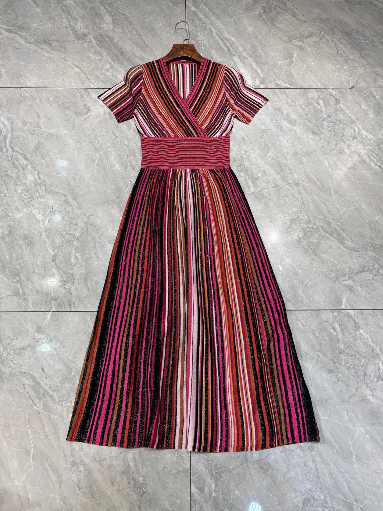 

2025 New Female 2- Colors Knitted Long Dress Metallic Sequined Mosaic Striped V-Neck Short Sleeve High Waist Elegant Ladies Robe