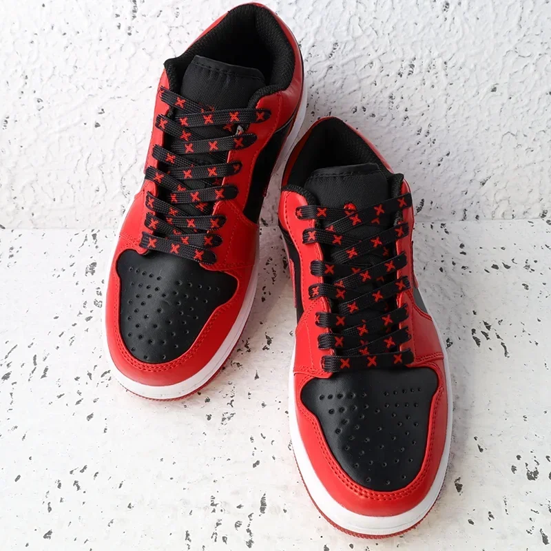 1 Paar neue, modische, flache Schnürsenkel für Sneaker, schwarz-rot, mit X-Streifen, für Schuhe in den Größen 120/140/160 cm, Schuhzubehör, Tennisschnürsenkel. – Detail 5