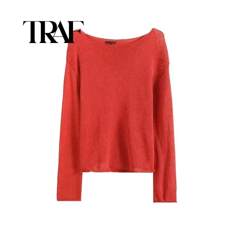 TRAF Vintage Casual Women Sweater Solid O Neck Long Sleeve Knitted Straight Sweater New Fashion 2024 Autumn Sweater