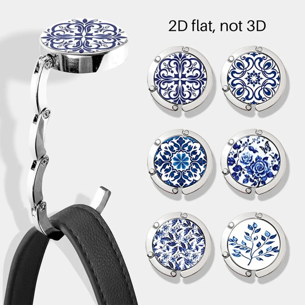 Blue-and-White Porcelain Pattern Table Handbag Hook Folding Zinc Alloy Desktop Handbag Holder Non-slip Back Round Handbag Rack