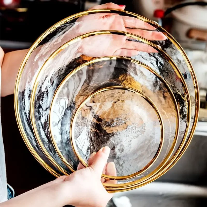 Ins Gold Gdge Glass Plate Bowl Nordic Tableware Steak Tray Fruit Salad Transparent Colorful Plates 1pcs