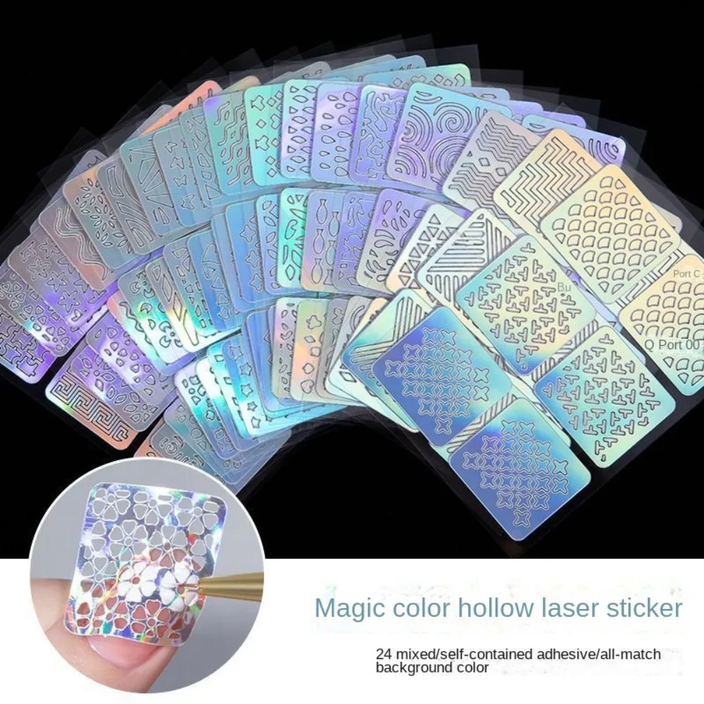 6/12/24/26pcs Set di adesivi per unghie laser Holographic Hollow Nail Art Stencil Adesivo Manicure Design Nail Art Sticker Strumento per manicure