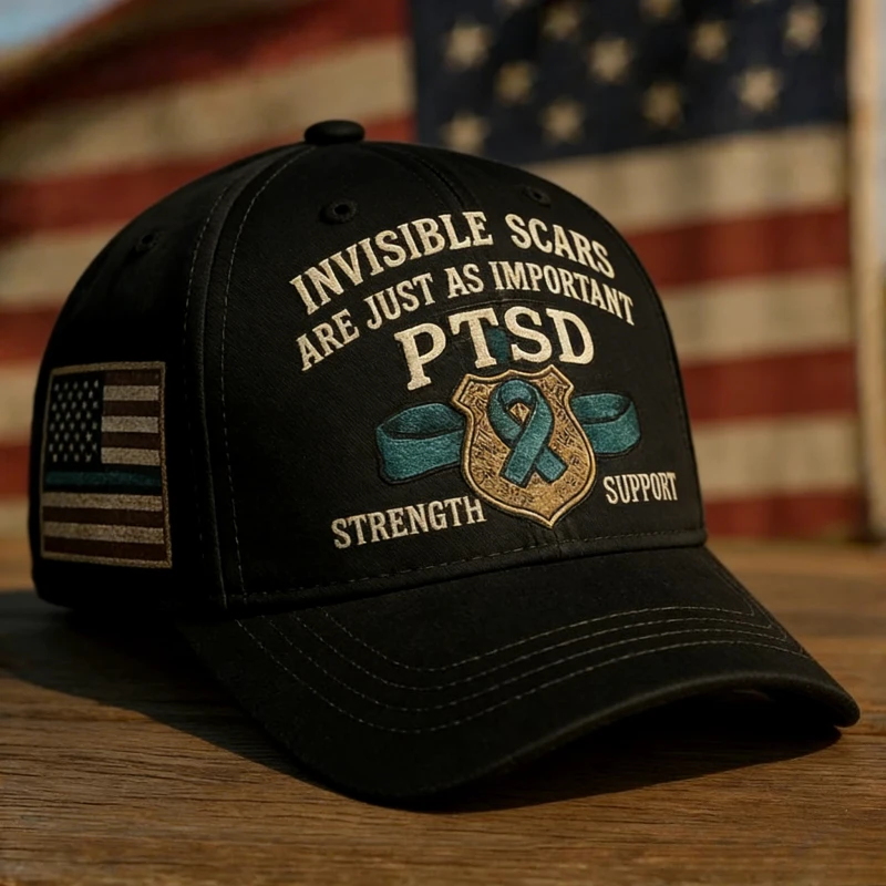 Black Cap with 'Invisible Scars Are Just as Important' Print, PTSD Awareness Design, Unisex Adjustable Hat