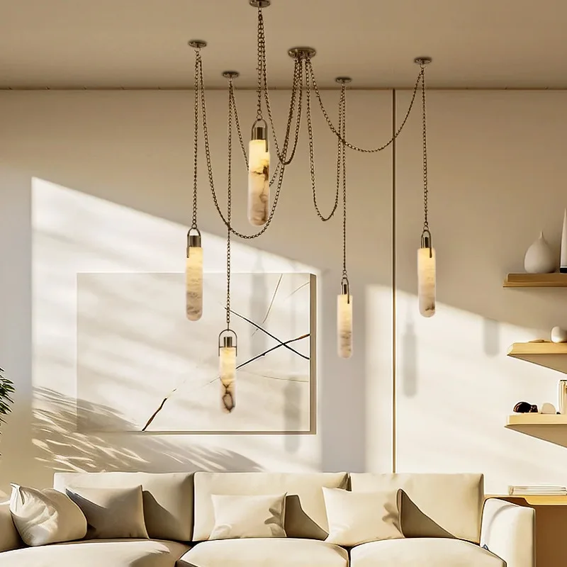 Industrial Marble Series Iron Chain Dimmable LED Hanging Lamps Chandelier Suspension Luminaire Lampen For Dinning Room