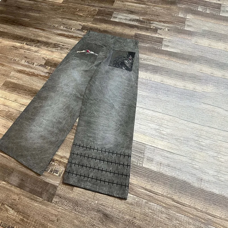 الرجعية مذكرة الموت أنيمي دور التصحيح التطريز المتعثرة غسلها مستقيم الساق الجينز Y2K أزياء الرجال النساء فضفاض الهيب هوب الشارع الشهير #3