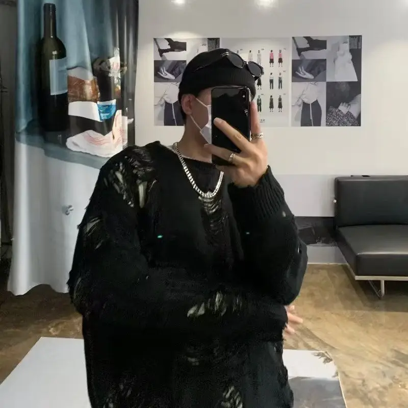 

Вязаный свитер оверсайз с отверстиями для мужчин и женщин Lazy Faion, осень-зима, хлопок Busin Sle Long Sve...