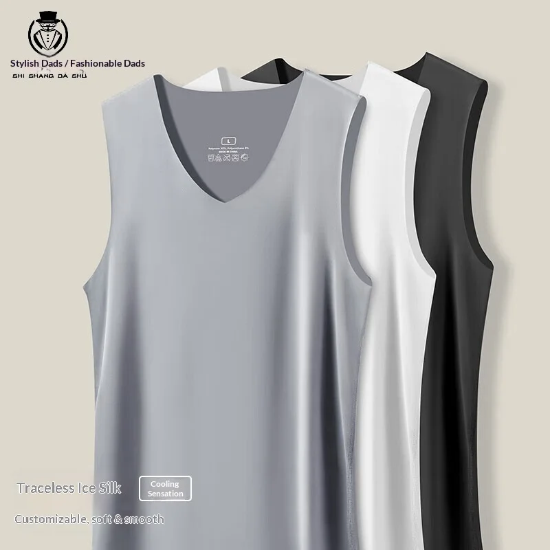 Nahtloses Herren-Tanktop aus Eisseide: Sommerliches, elastisches, schmal geschnittenes ärmelloses T-Shirt für Jugendliche, sportliches, eng anliegendes, schnelltrocknendes V-Neck-Unterhemd