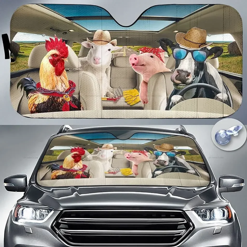 Funny Farm Animals Family Driving On Summer Car Sunshade Windshield Window, Gift for Farmer Lover, Car Windshield Durable Auto V