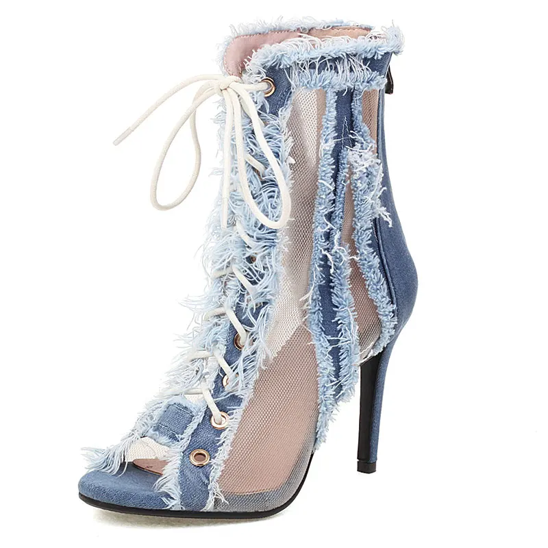 Sgesvier Size 33-46 New Gladiator Sandals Women Shoes Denim Lace Up Sexy High Heels Summer Dance Shoes Fashion Female Shoes