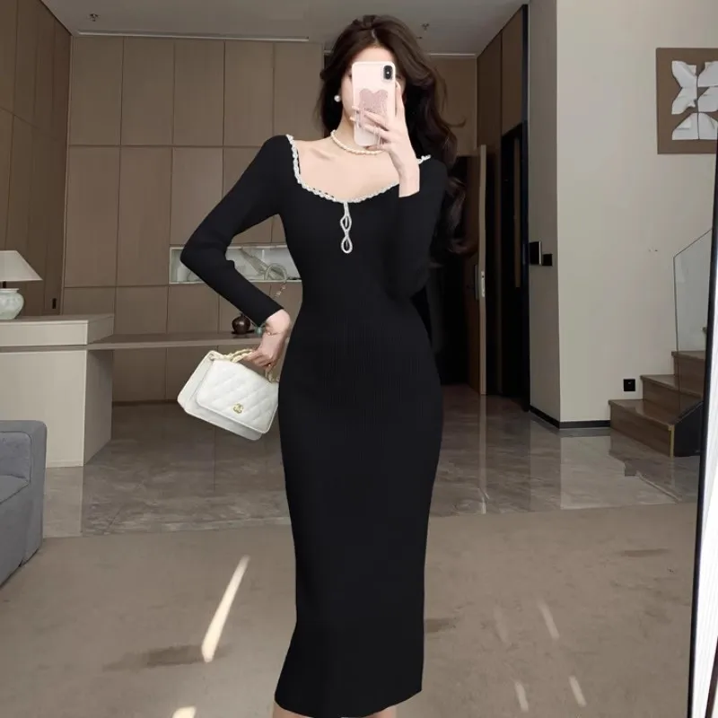 French Elegant Spring Diamonds Chain Square Collar Sweater Dress Chic Women White Sexy Hollow Out Knitted Sheath Club Midi Dress