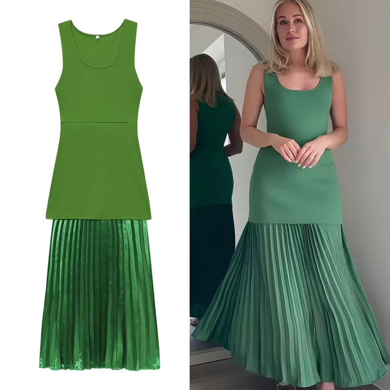 Gebreide lange jurken zomer patchwork geplooide vrouwelijke jurk groen korset mouwloze gehaakte jurk feest elegante jurken vrouw