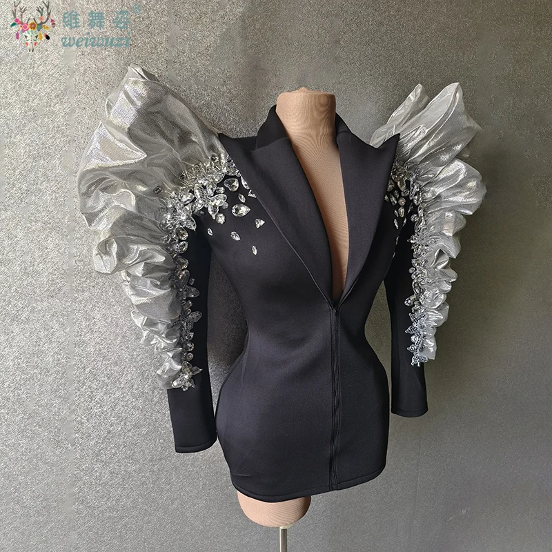 

Sparkly Sequins Rhinestones Big Sleeves Black Jacket Sexy Singer Dancer Nightclub Jazz Dance Costume Performance Show Stage Wear