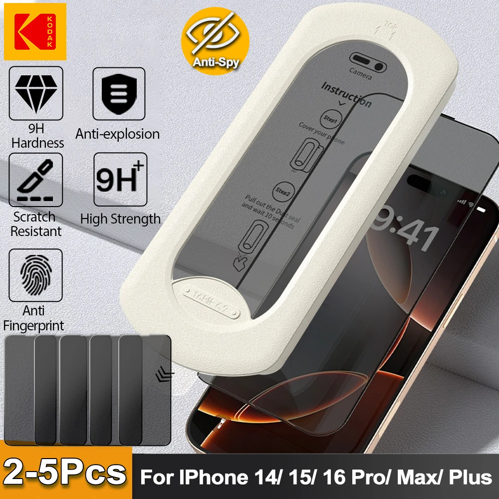 

KODAK Anti peep Screen Protector for iPhone 16 13 12 14 15 Pro ProMax Plus Dust Free Tempered Glass With Installation Tool