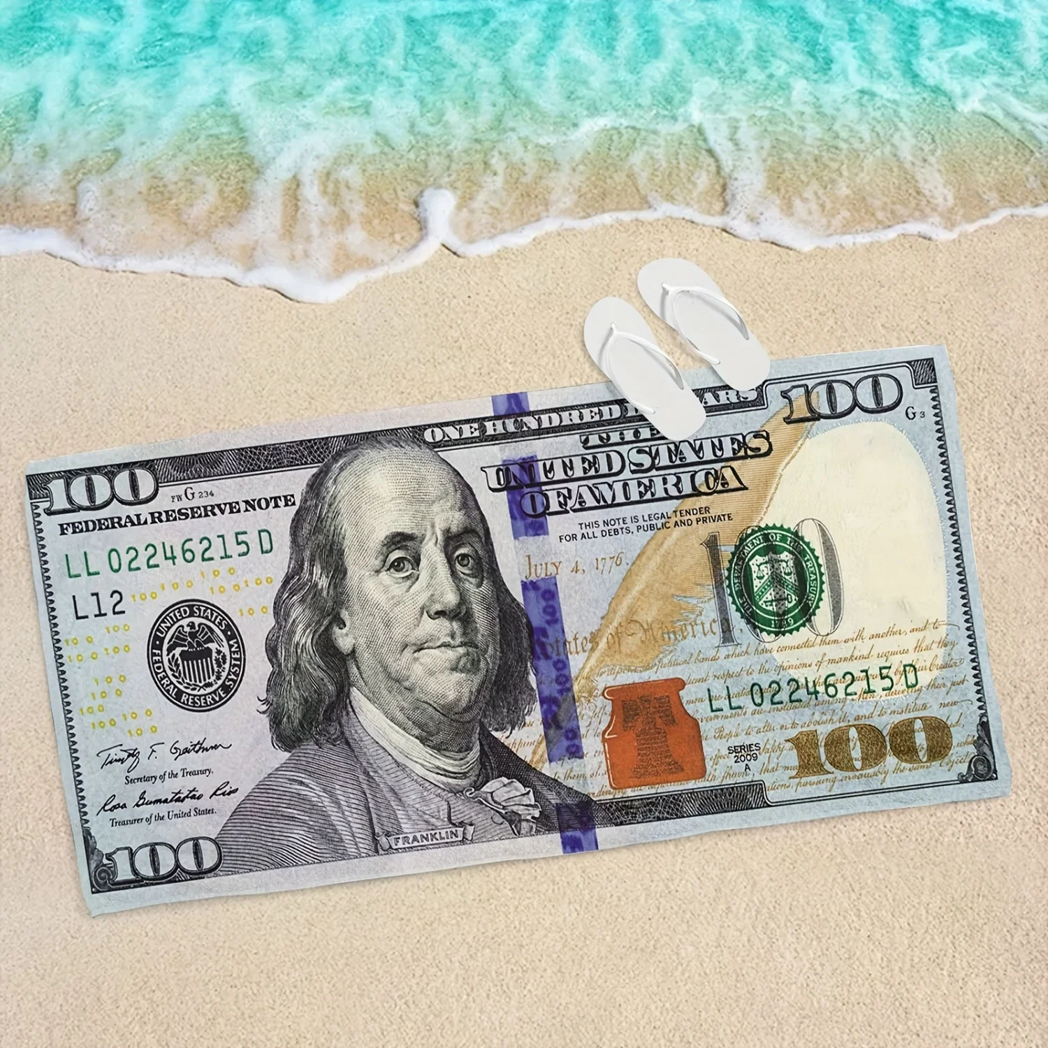 قطعة واحدة من من منشفة الشاطئ المصنوعة من الألياف الدقيقة الناعمة - خفيفة الوزن وفائقة النعومة مع تصميم لطيف بطباعة الدولار، مستطيلة - قماش سريع الجفاف