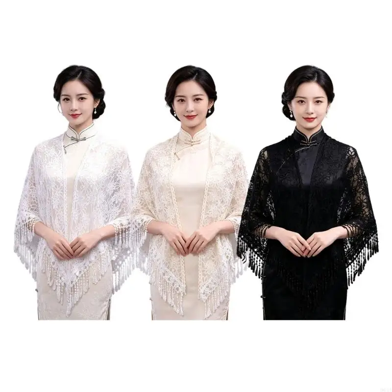

Delicate Crochet Lace Shawl Lightweight Polyester Fabric Scarf with Tassels For Dresses And Formal Wear 964A