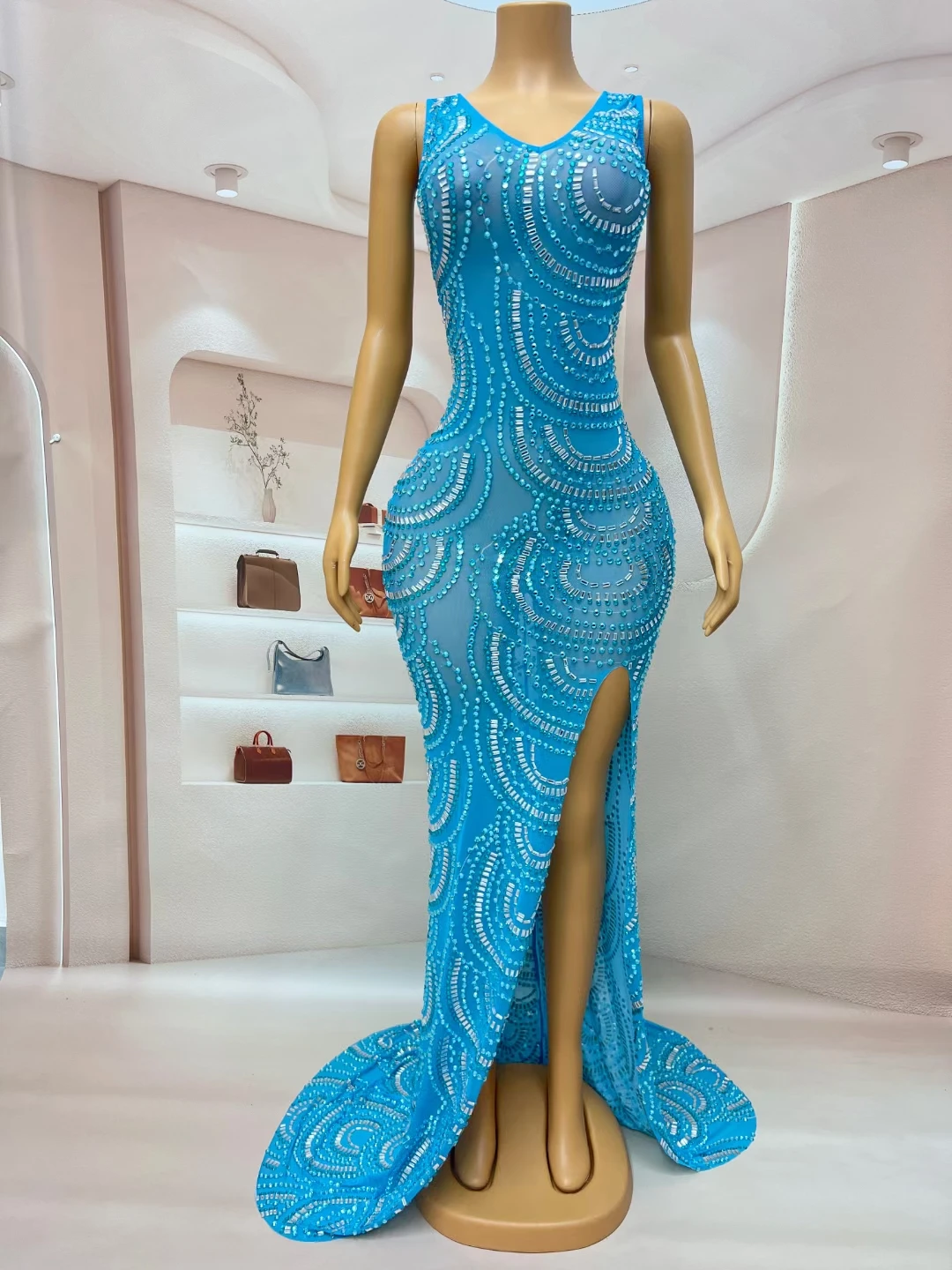 Shiny Blue Crystal Sleeveless Split Long Dress Women Sexy Mermaid Evening Party Celebrate Outfit Singer Stage Costume Lanquan