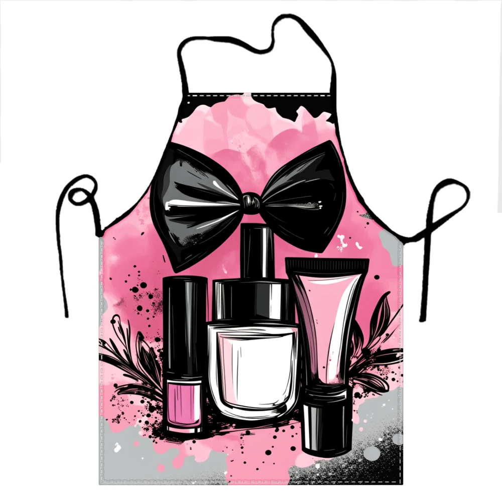 Pink Watercolor Apron With Black Bow And Beauty Products Design For Nail Art And Makeup Enthusiasts