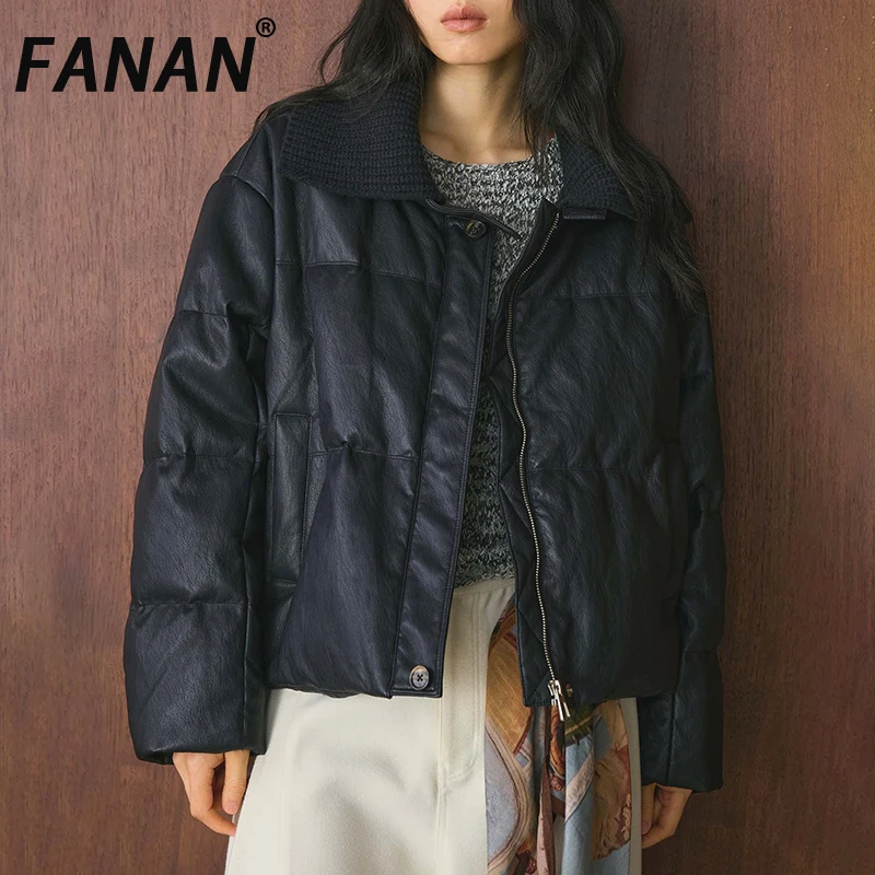 

FANAN элегантные кожаные пуховики для женщин вязаный дизайн с лацканами однобортная толстая теплая верхняя одежда женская парка зима новинка 2025