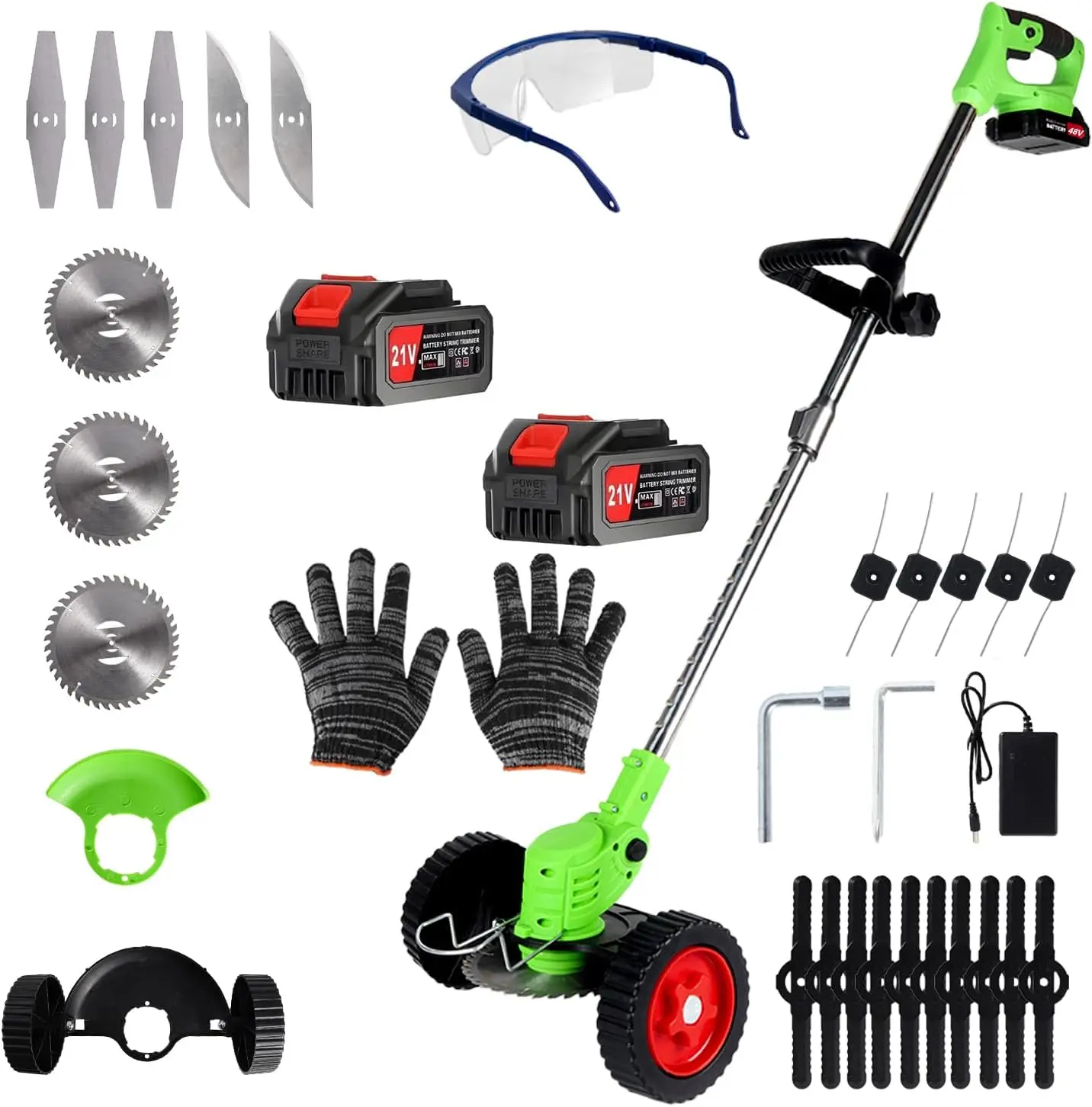 

21V Cordless Electric Weed Wacker with 5 Blades & Wheels, Battery-Powered Trimmer/Edger for Lawn Garden