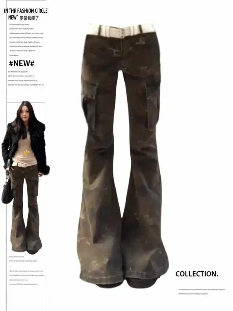 Women's Flare Cargo Jeans Camouflage Harajuku Low Rise Denim Pants Abi Trashy Y2k Bell Bottom Gyaru