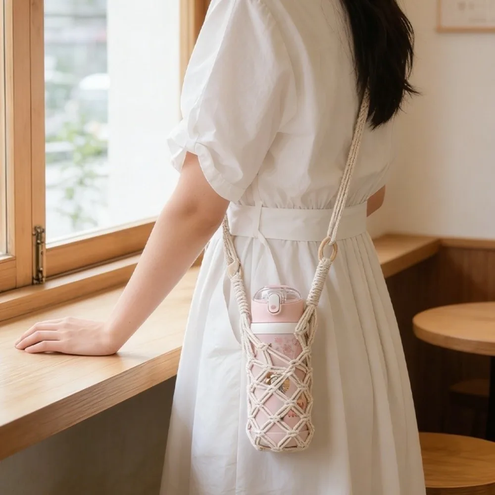 Bohemian Hand-woven Knitting Hanging Bottle Net Bag Hollow Out Cotton Rope Water Bottle Holder Crochet Wine Bottle Carrier Cup