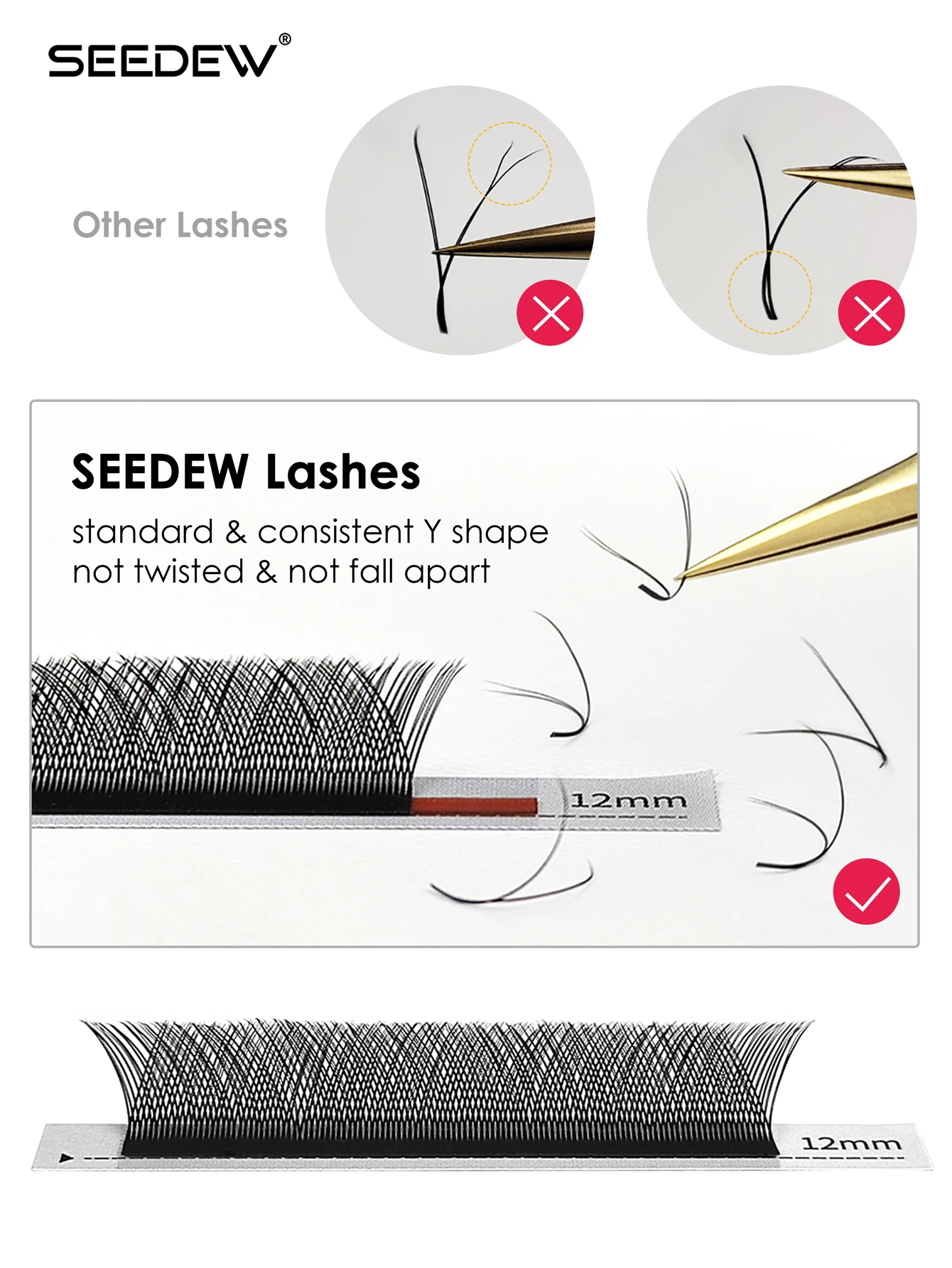 SEEDEW Y Eyelash Makeup Double Tips Hand Woven Premium Soft Light Natural YYY Eyelash Extensions Cross False Individual Lash