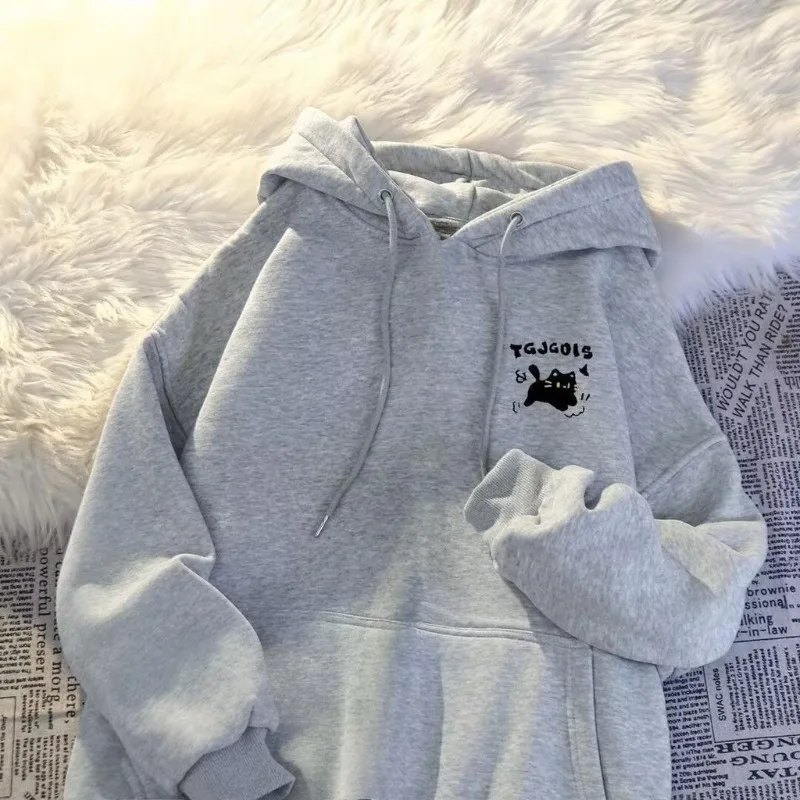 2026 Spring and Autumn New Simple Fashionable Personalized Small Black Cat Printed Hoodie Casual and Comfortable Hoodie