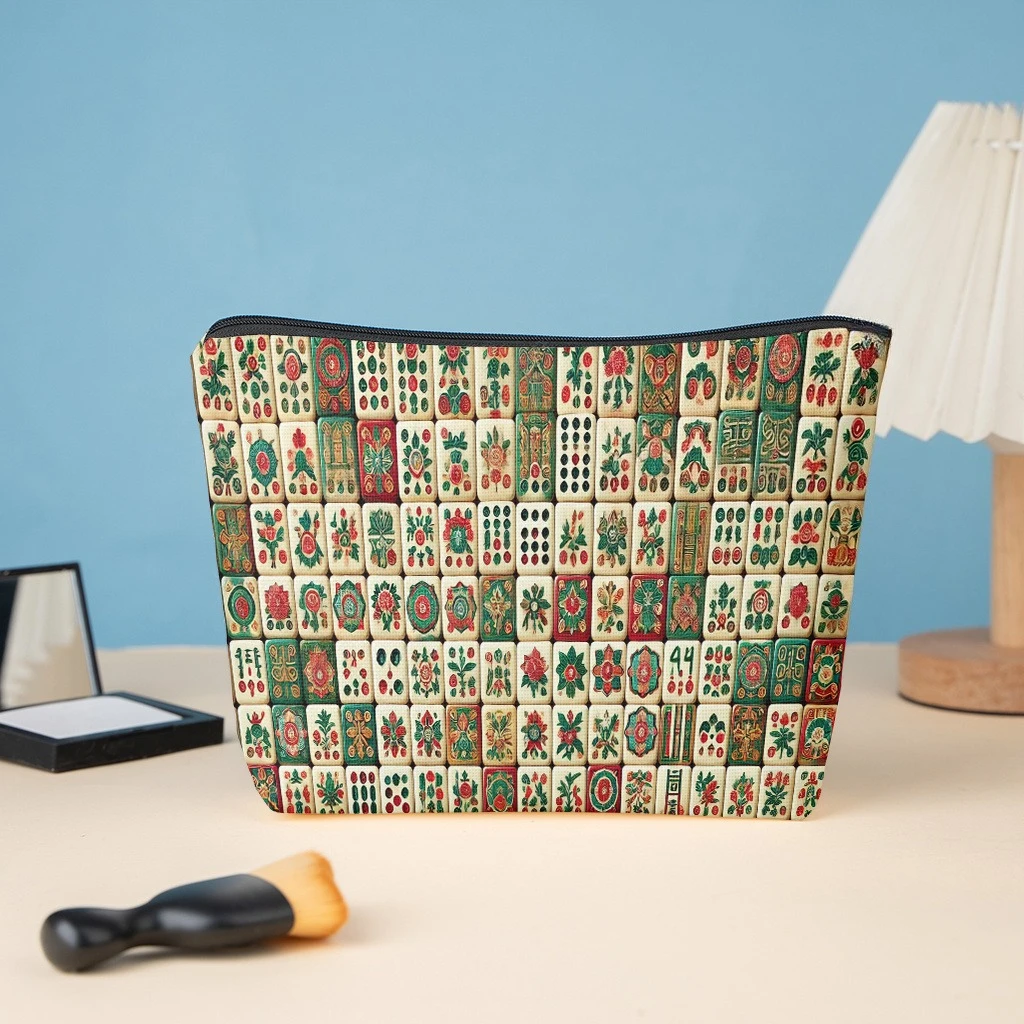 1 Makeup Bag, Hand-Carved Mahjong, Stylish Wallet with Zipper, Skincare Product Storage Bag, Double-Sided Printed Makeup Bag