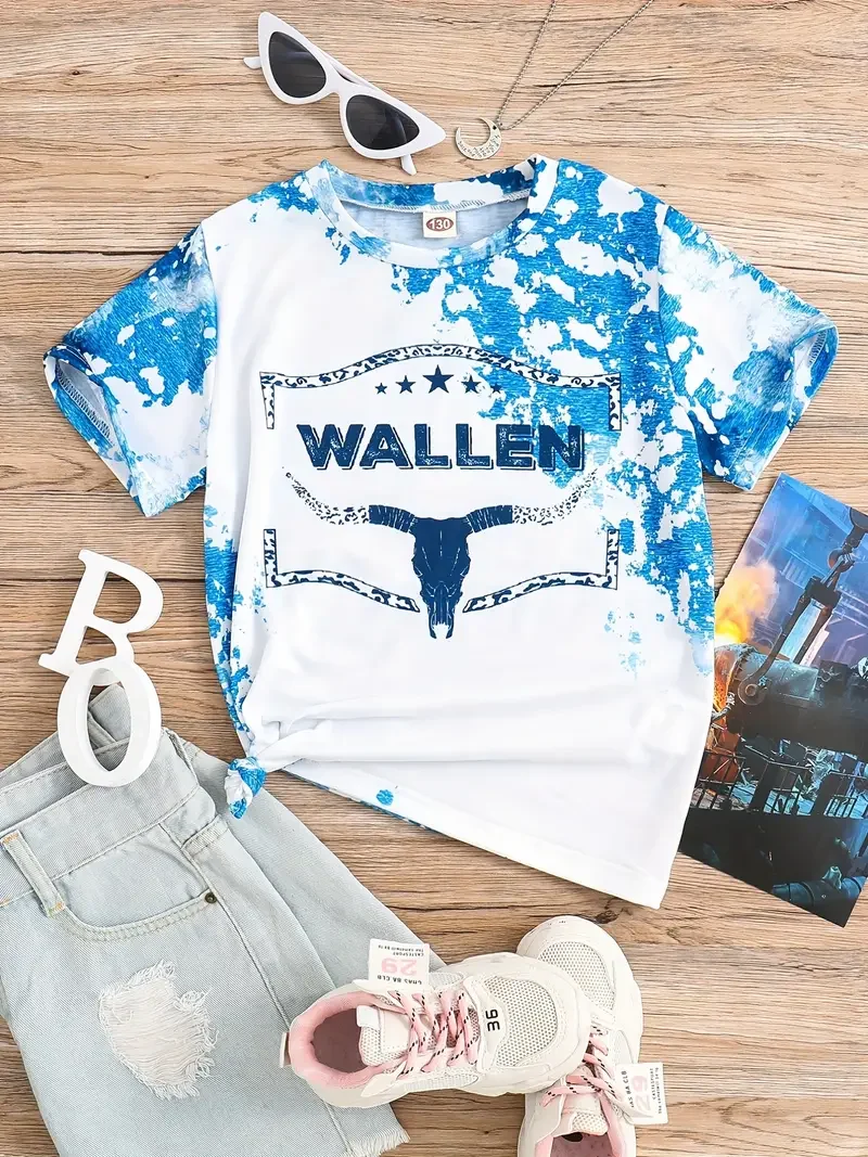 Girls Bull Head and Letter Graphic T-Shirt Casual Round Neck Tees Top Teen Kids Summer Clothes