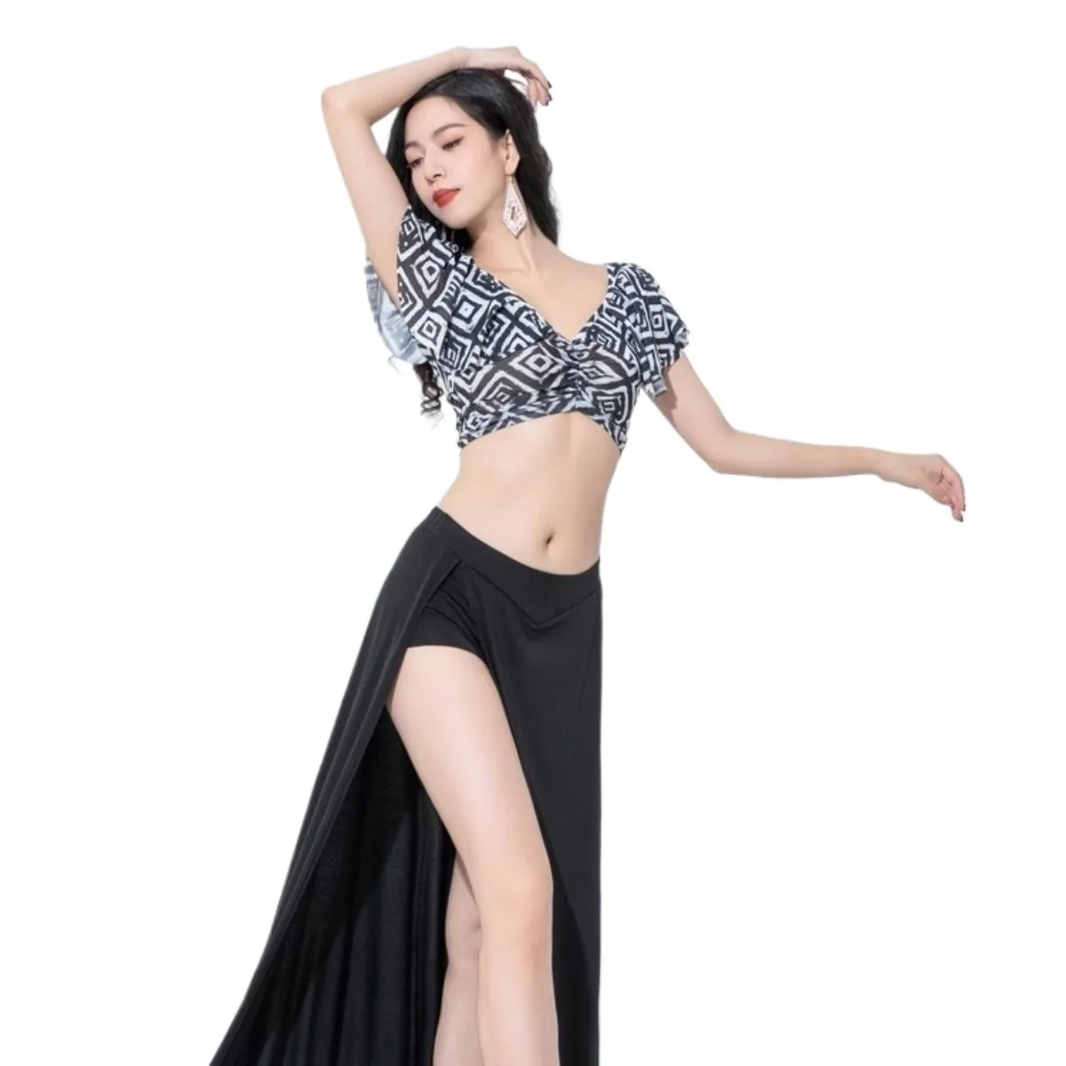 

Высококачественный костюм для тренировок по танцу живота: топ из сетки с принтом лотоса, юбка с двойным разрезом, мягкий и легкий комплект для занятий танцами