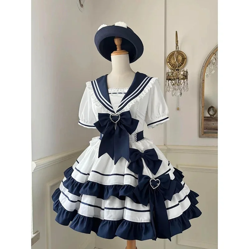 Lolita Dress Sailor Academy Contrast Panel Puff Skirt Waist Cinched Pleated Cute Sweet Girly For Teens Women Tea Party Birthday