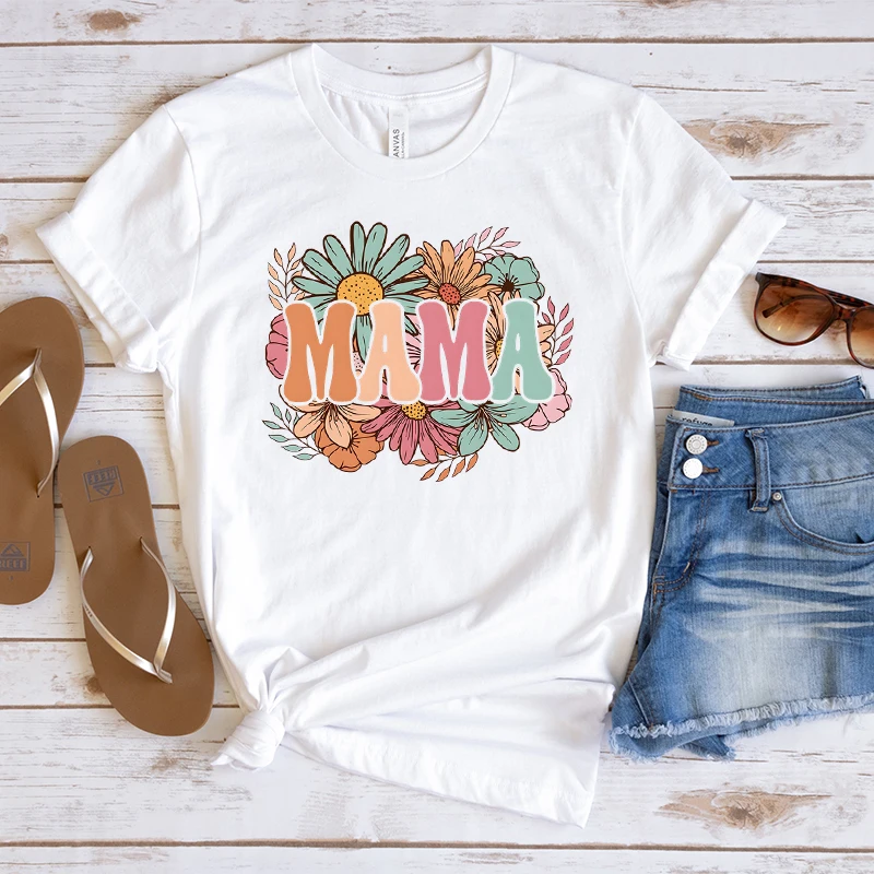 Retro Flower MAMA Graphic T Shirts Women Mothers Day Gift for New Mom Cute Mama T-shirt Leopard Lightning Mama Crew Neck T-shirt