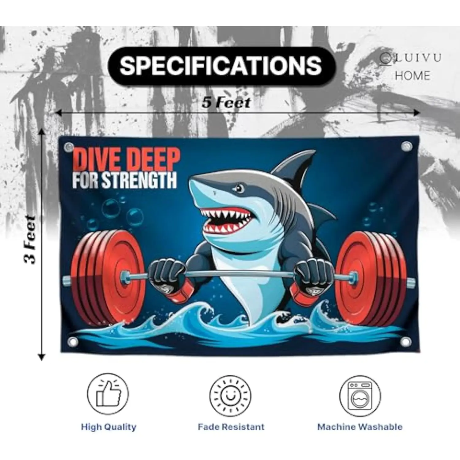 Shark Lifting Weights Dive Deep For Strength Polyester Flag Banner Wall Art Poster